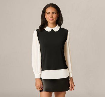 Pearly Collar Sweater Vest Twofer Top - Black Ivory | Adrianna Papell