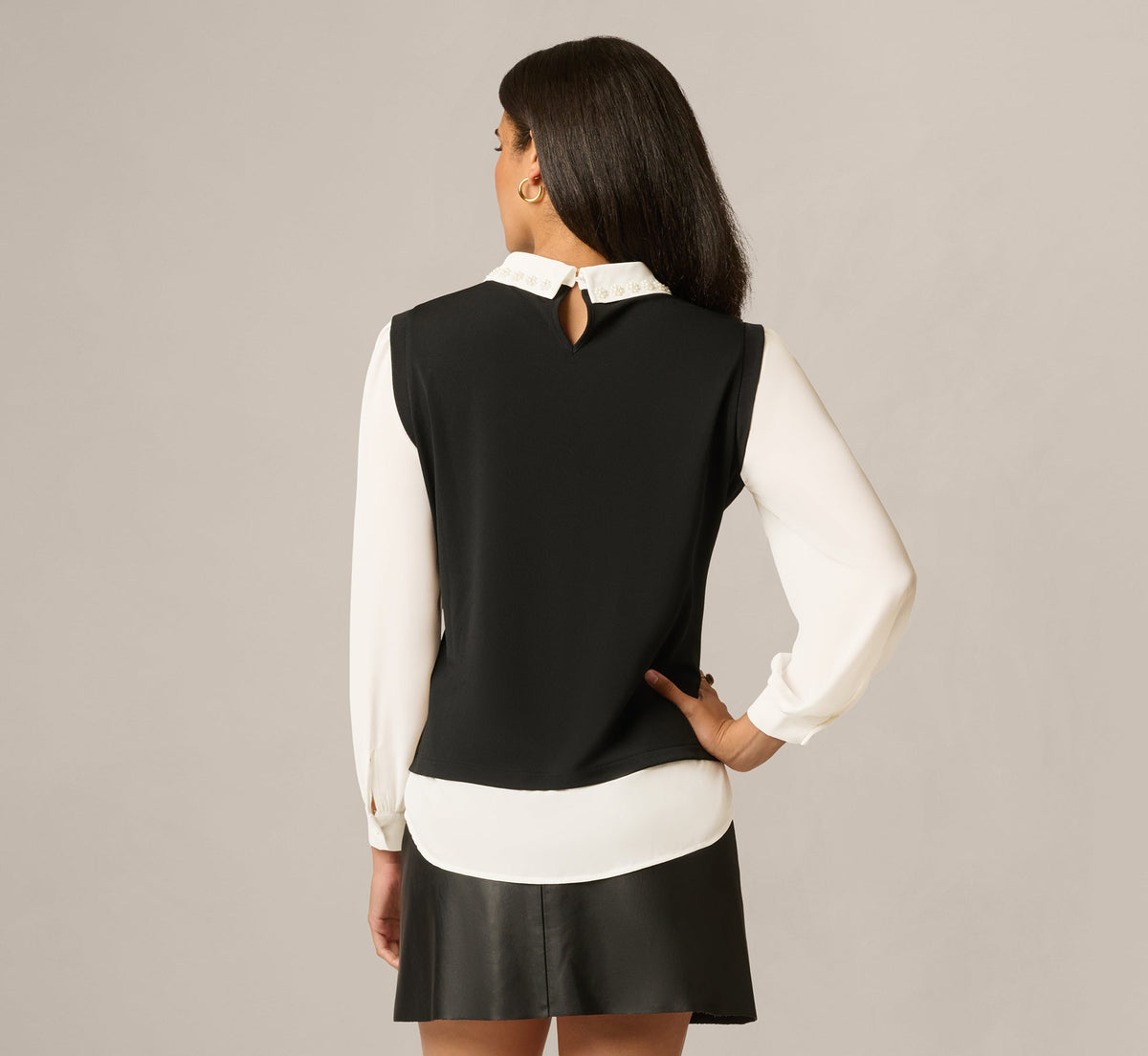 Pearly Collar Sweater Vest Twofer Top - Black Ivory | Adrianna Papell