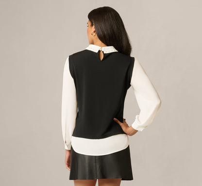 Pearly Collar Sweater Vest Twofer Top - Black Ivory | Adrianna Papell