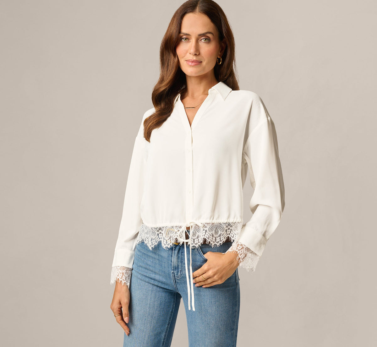 Long Sleeve Lace Trim Drawstring Hem Blouse - Ivory | Adrianna Papell