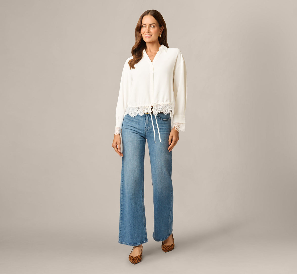 Long Sleeve Lace Trim Drawstring Hem Blouse - Ivory | Adrianna Papell