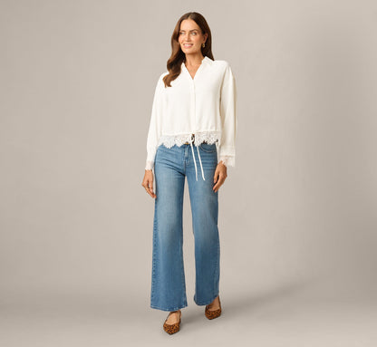 Long Sleeve Lace Trim Drawstring Hem Blouse - Ivory | Adrianna Papell