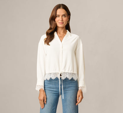 Long Sleeve Lace Trim Drawstring Hem Blouse - Ivory | Adrianna Papell