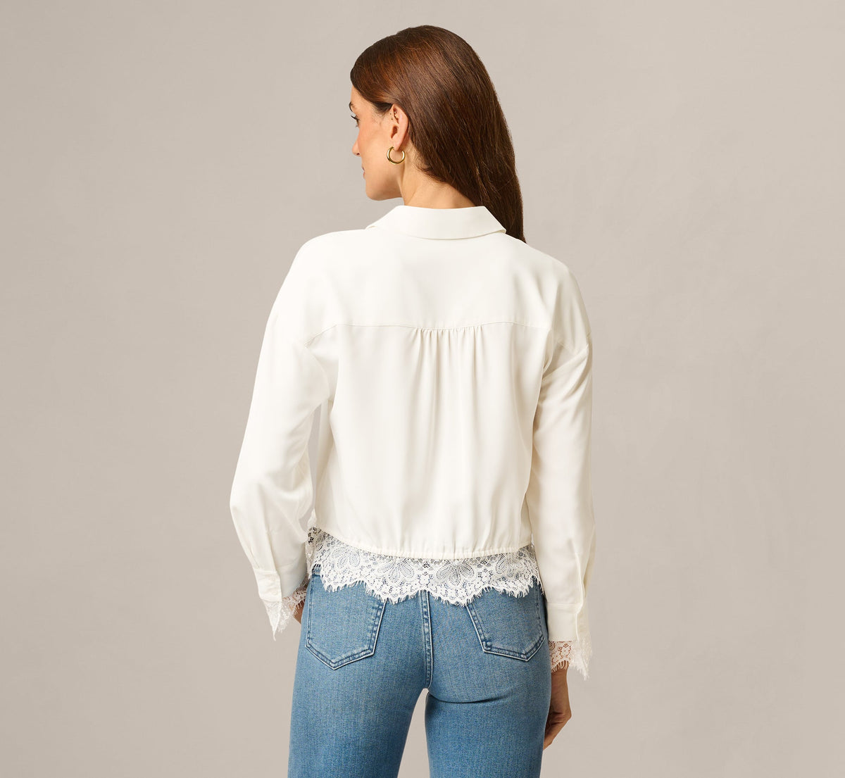 Long Sleeve Lace Trim Drawstring Hem Blouse - Ivory | Adrianna Papell