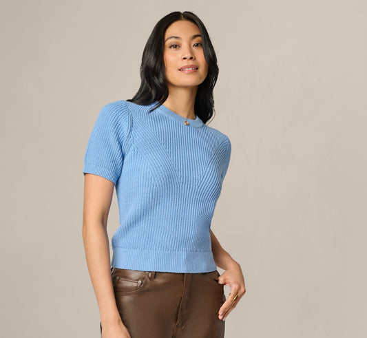 Short Sleeve Shaker Knit Pullover Sweater - Classic Blue | Adrianna Papell