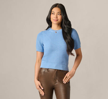 Short Sleeve Shaker Knit Pullover Sweater - Classic Blue | Adrianna Papell