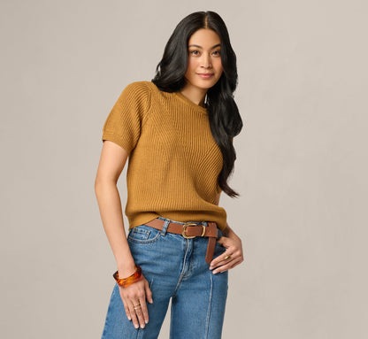 Short Sleeve Shaker Knit Pullover Sweater - Butternut | Adrianna Papell