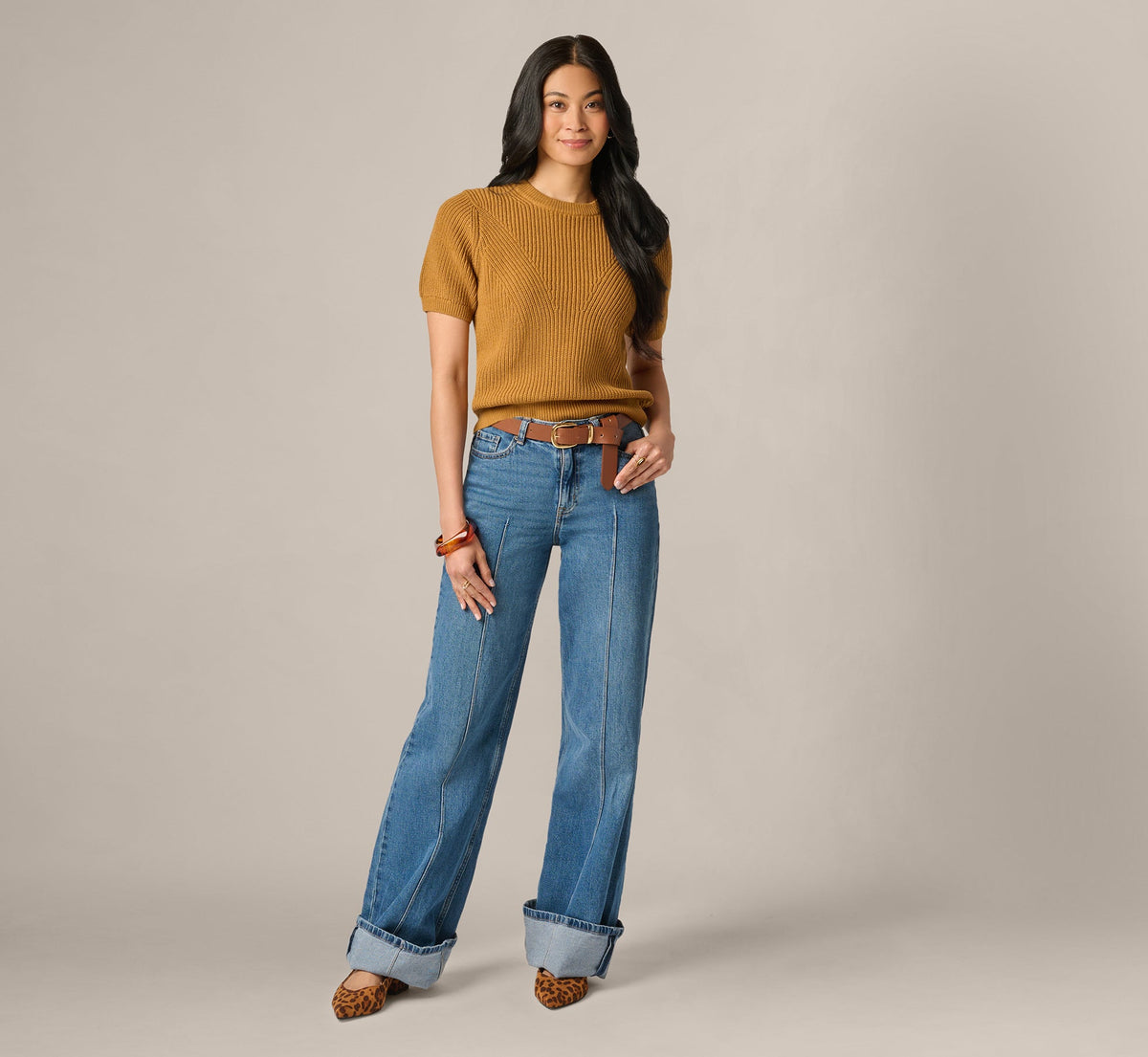 Short Sleeve Shaker Knit Pullover Sweater - Butternut | Adrianna Papell