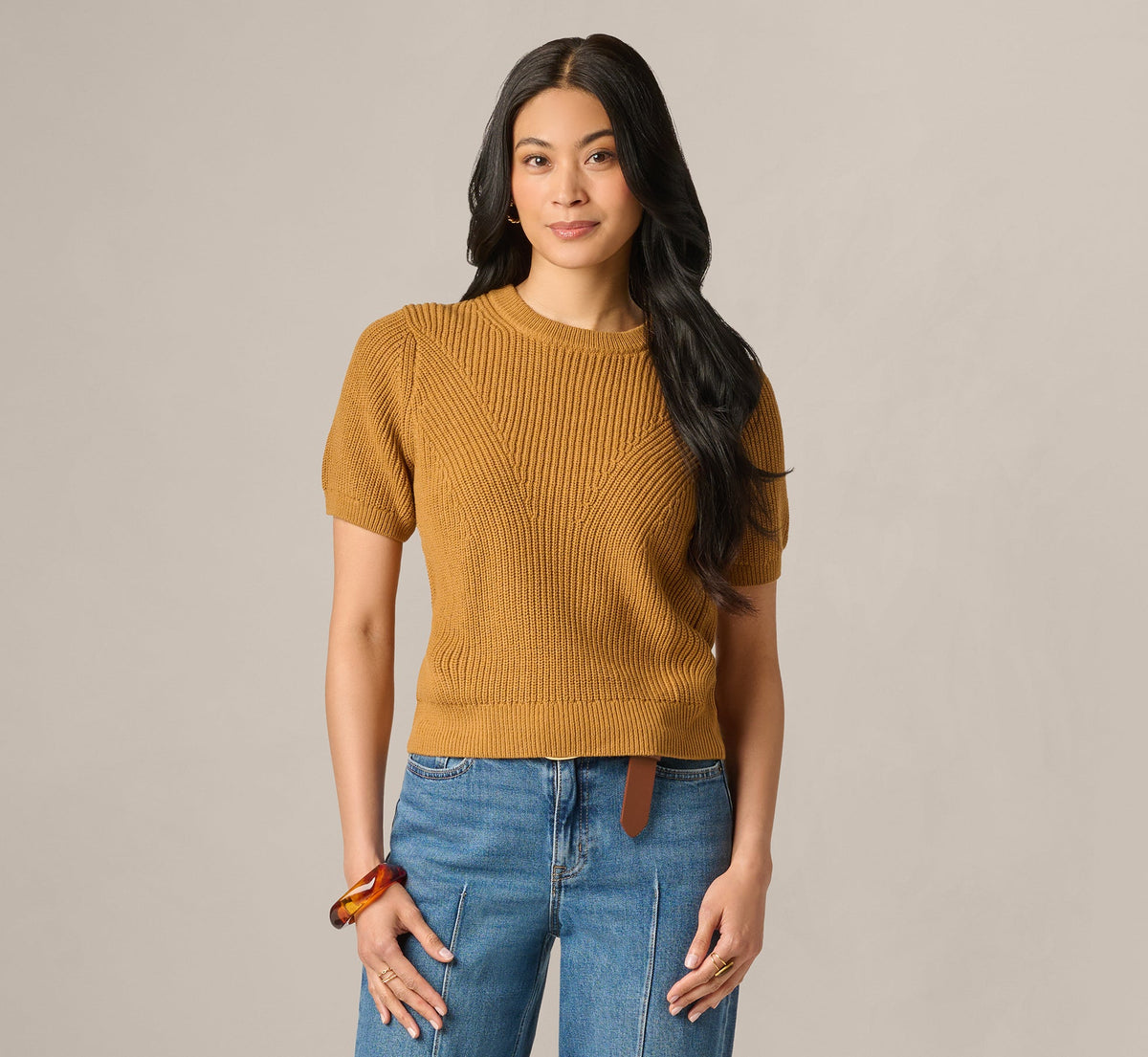 Short Sleeve Shaker Knit Pullover Sweater - Butternut | Adrianna Papell