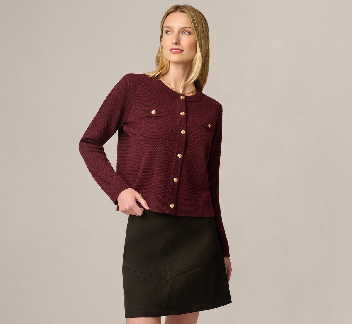 Long Sleeve Textured Knit Cardigan Sweater - Berry | Adrianna Papell