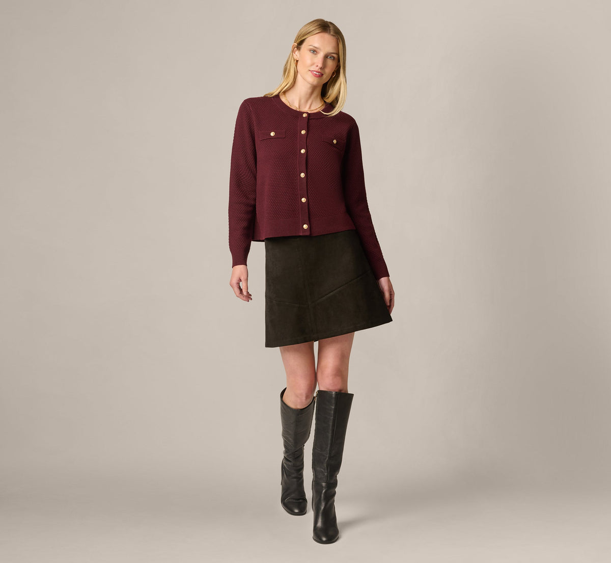Long Sleeve Textured Knit Cardigan Sweater - Berry | Adrianna Papell