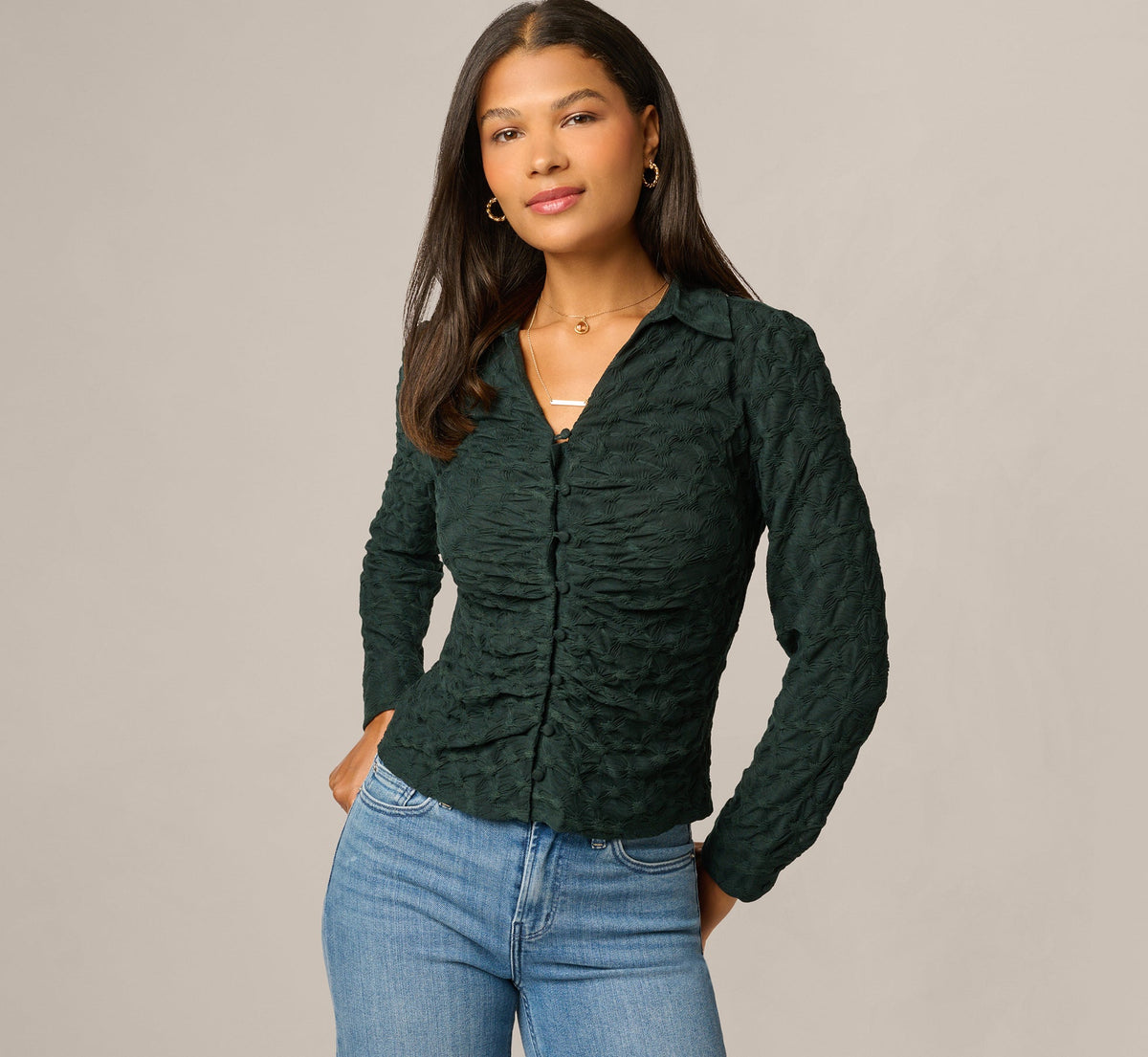 Long Sleeve Textured Semisheer  Ruched Blouse - Jungle Green | Adrianna Papell