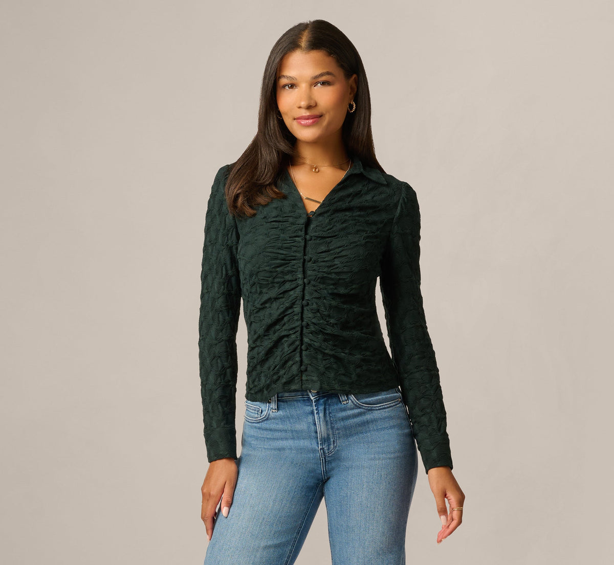 Long Sleeve Textured Semisheer  Ruched Blouse - Jungle Green | Adrianna Papell