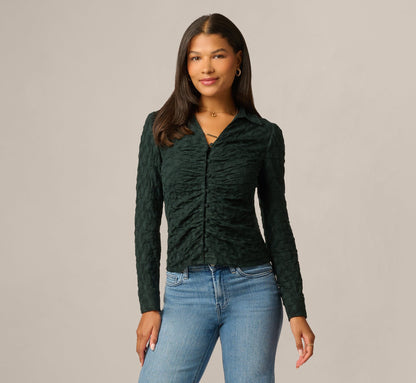 Long Sleeve Textured Semisheer  Ruched Blouse - Jungle Green | Adrianna Papell