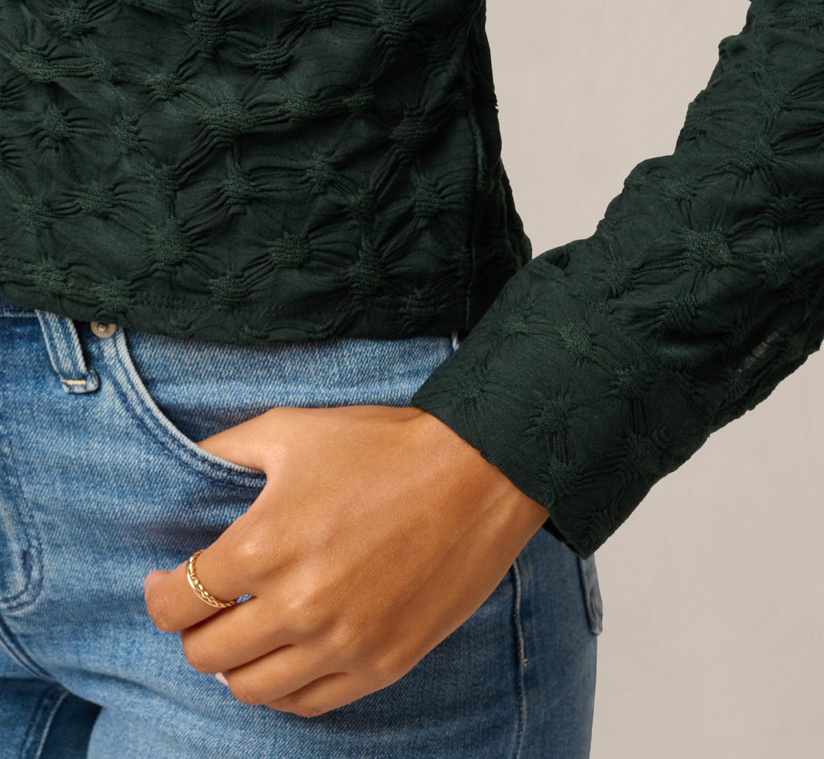 Long Sleeve Textured Semisheer  Ruched Blouse - Jungle Green | Adrianna Papell