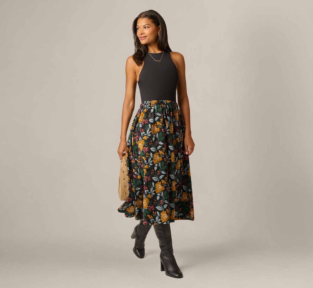 Printed A Line Drawstring Midi Skirt - Jungle Garden | Adrianna Papell