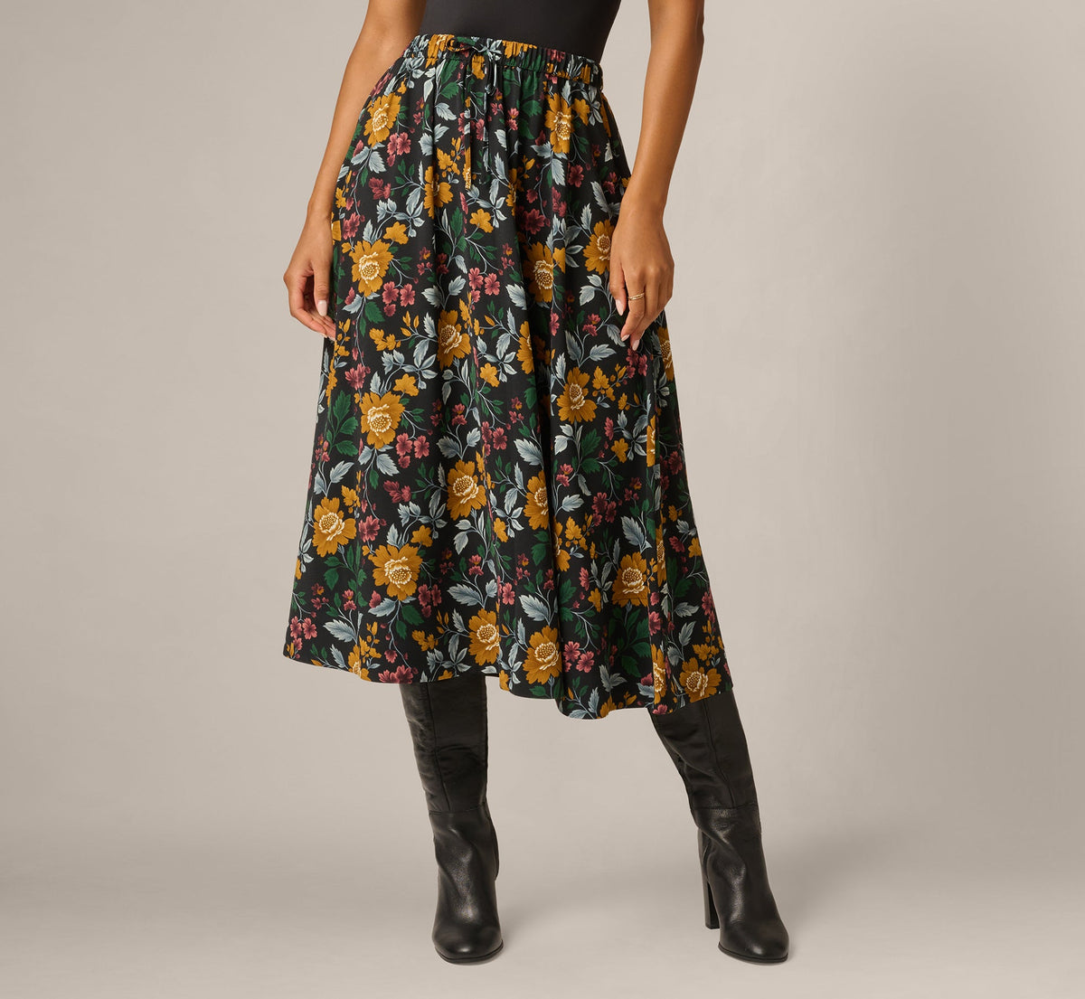 Printed A Line Drawstring Midi Skirt - Jungle Garden | Adrianna Papell