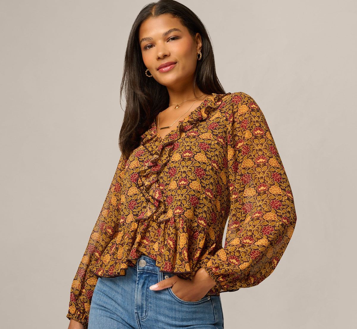 Long Sleeve V Neck Ruffle Top - Chocolate Floral Filigree | Adrianna Papell
