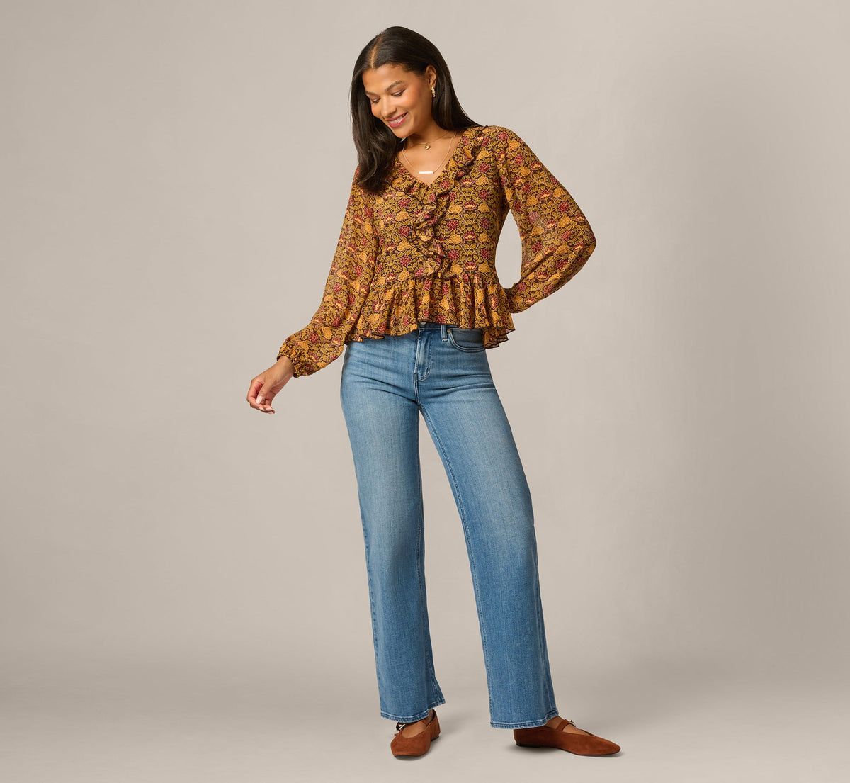 Long Sleeve V Neck Ruffle Top - Chocolate Floral Filigree | Adrianna Papell