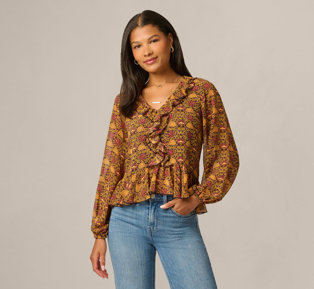 Long Sleeve V Neck Ruffle Top - Chocolate Floral Filigree | Adrianna Papell