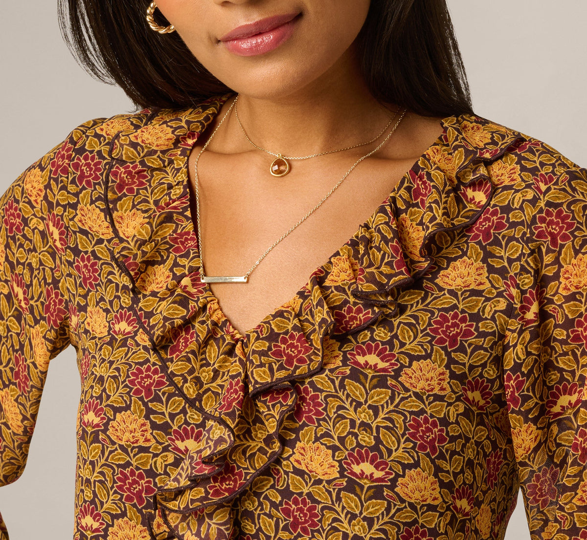 Long Sleeve V Neck Ruffle Top - Chocolate Floral Filigree | Adrianna Papell