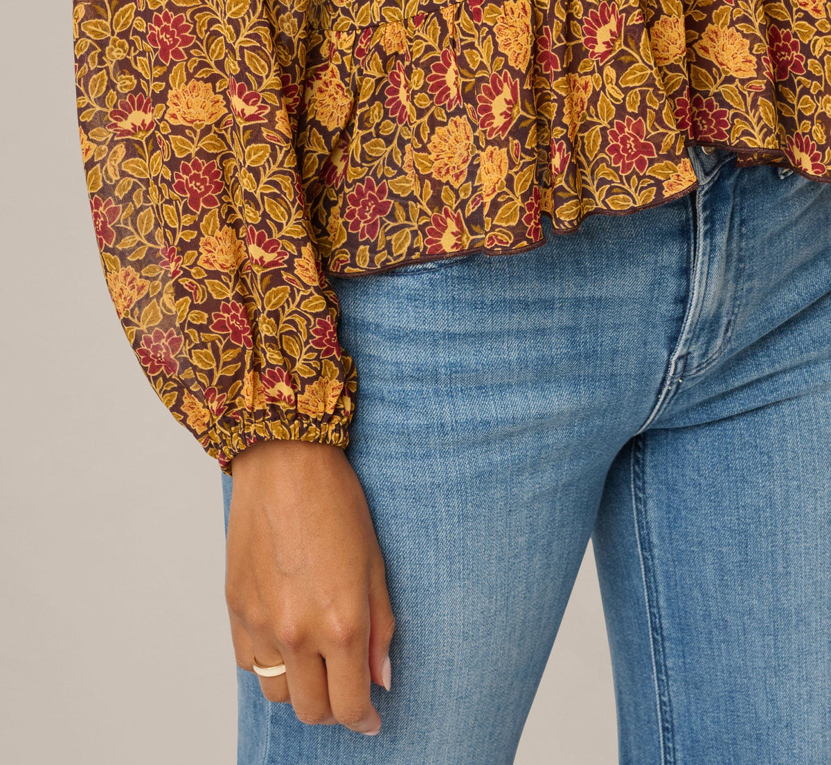 Long Sleeve V Neck Ruffle Top - Chocolate Floral Filigree | Adrianna Papell