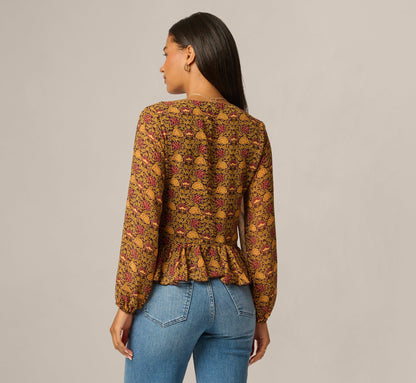 Long Sleeve V Neck Ruffle Top - Chocolate Floral Filigree | Adrianna Papell