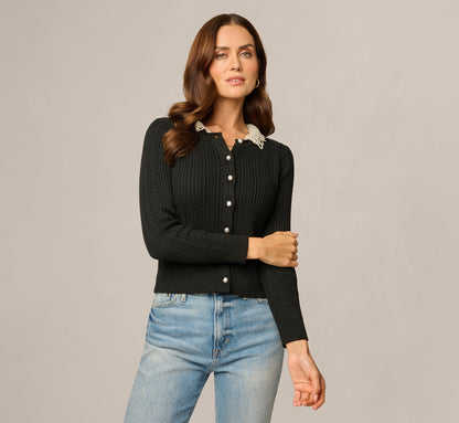 Long Sleeve Pearly Collar Cardigan Sweater - Black | Adrianna Papell