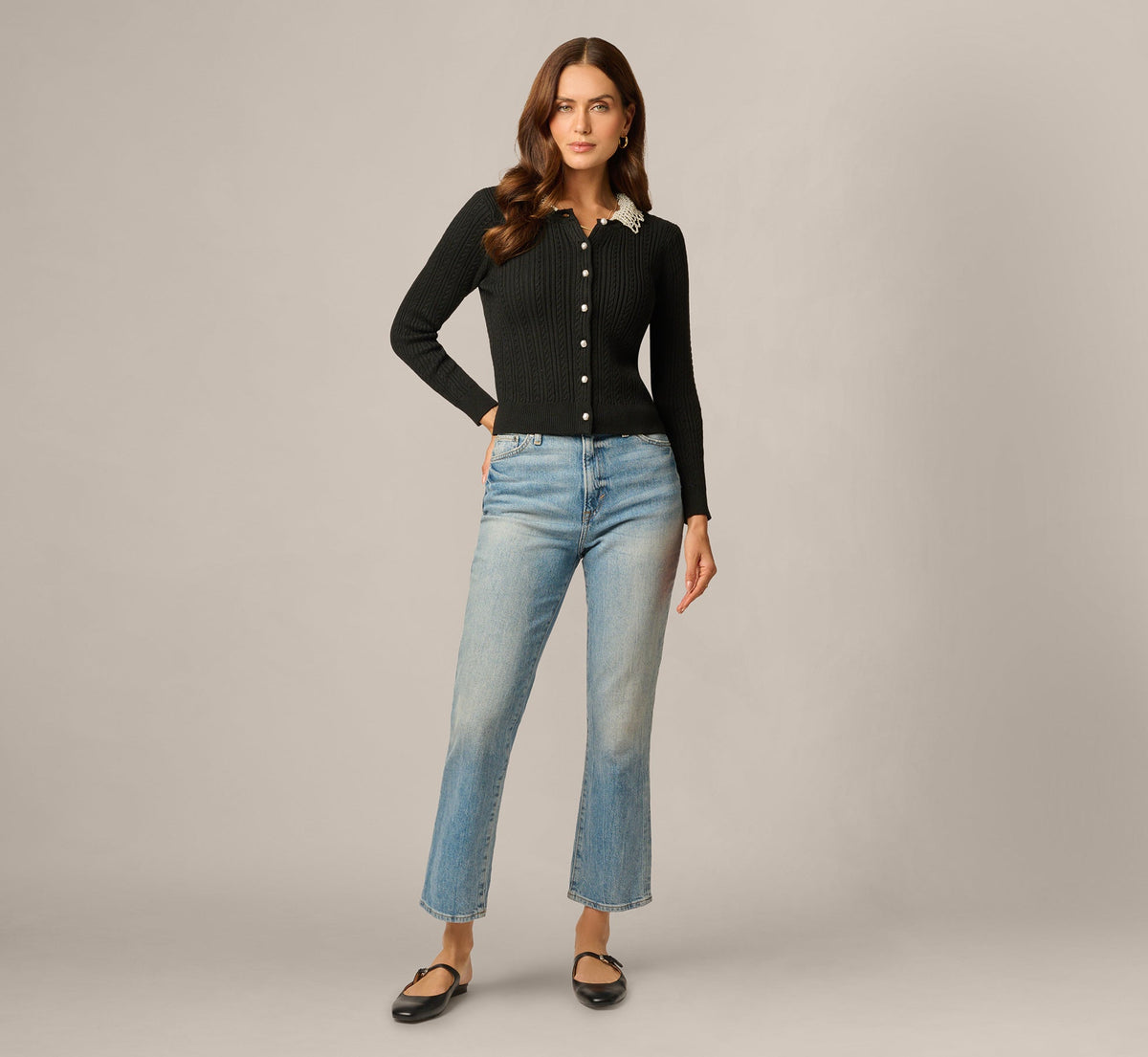 Long Sleeve Pearly Collar Cardigan Sweater - Black | Adrianna Papell