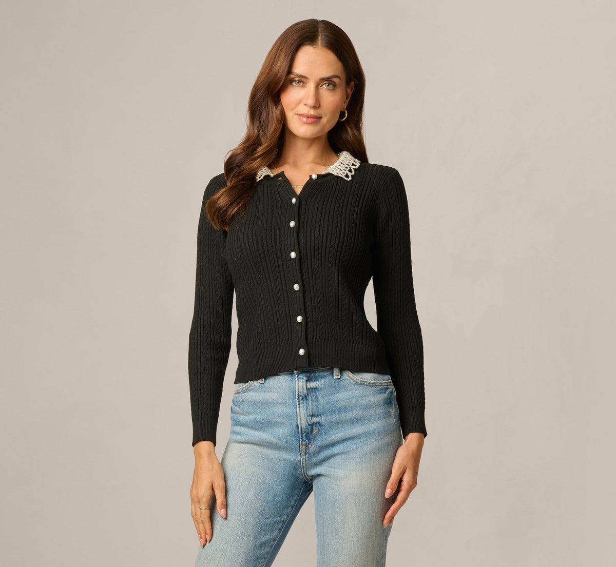 Long Sleeve Pearly Collar Cardigan Sweater - Black | Adrianna Papell