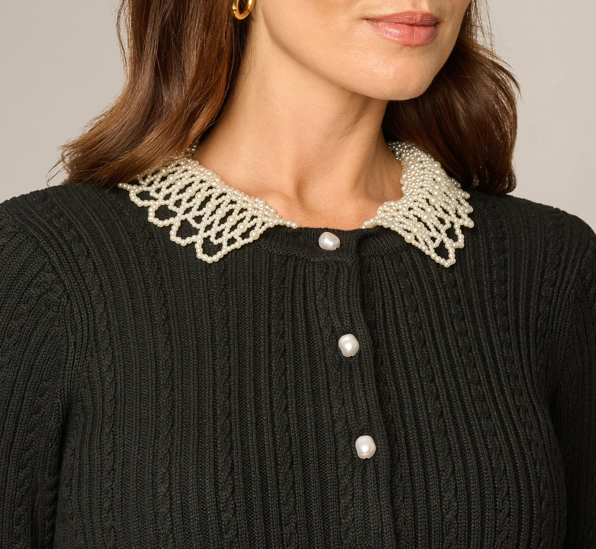 Long Sleeve Pearly Collar Cardigan Sweater - Black | Adrianna Papell