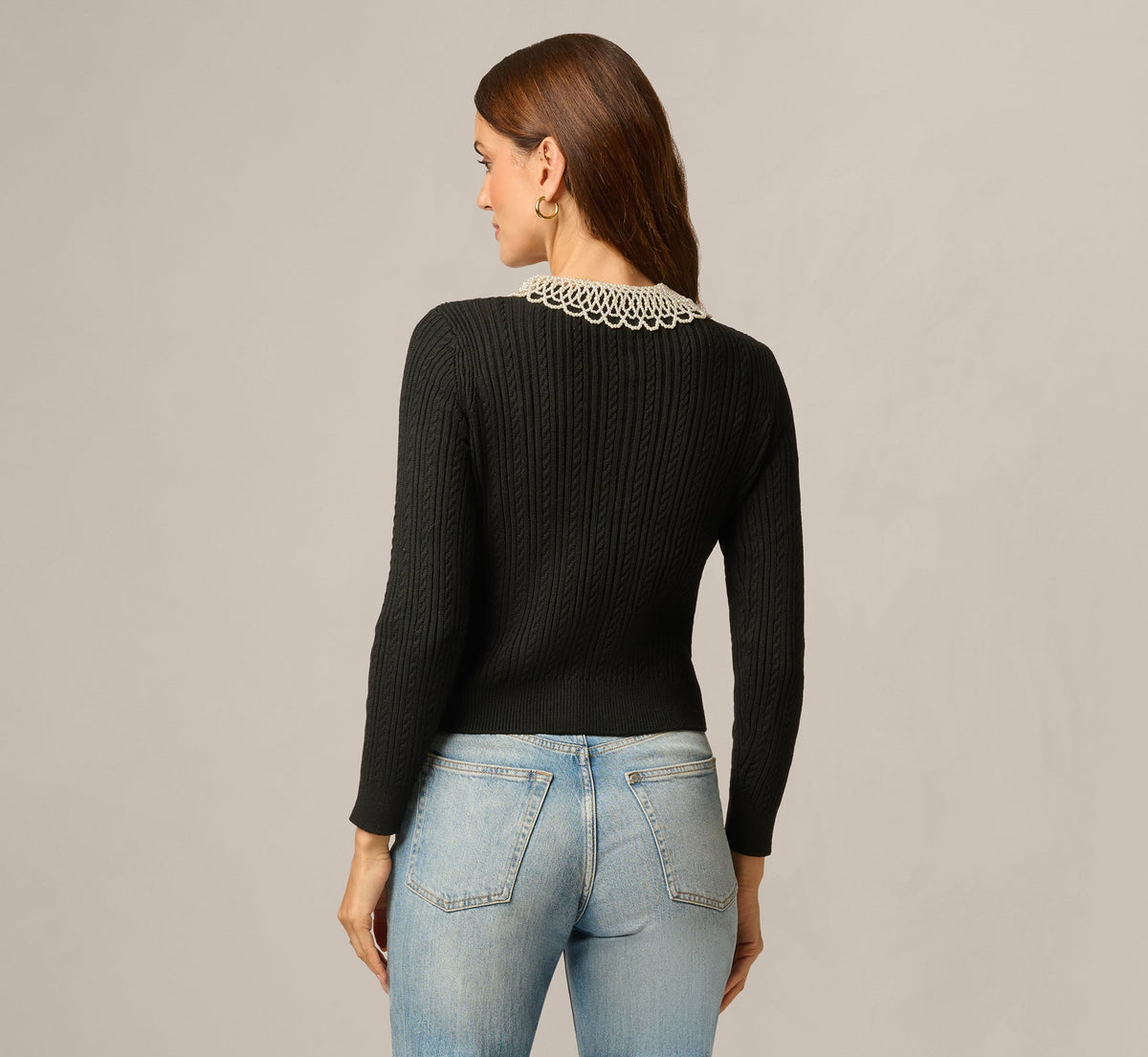 Long Sleeve Pearly Collar Cardigan Sweater - Black | Adrianna Papell