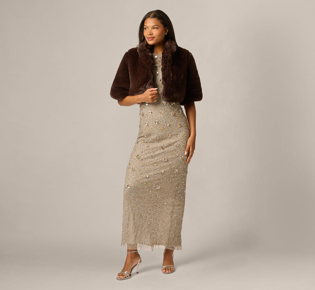 Short Sleeve Faux Fur Coverup Jacket - Dark Brown | Adrianna Papell