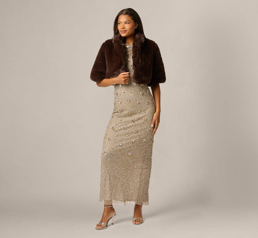 Short Sleeve Faux Fur Coverup Jacket - Dark Brown | Adrianna Papell