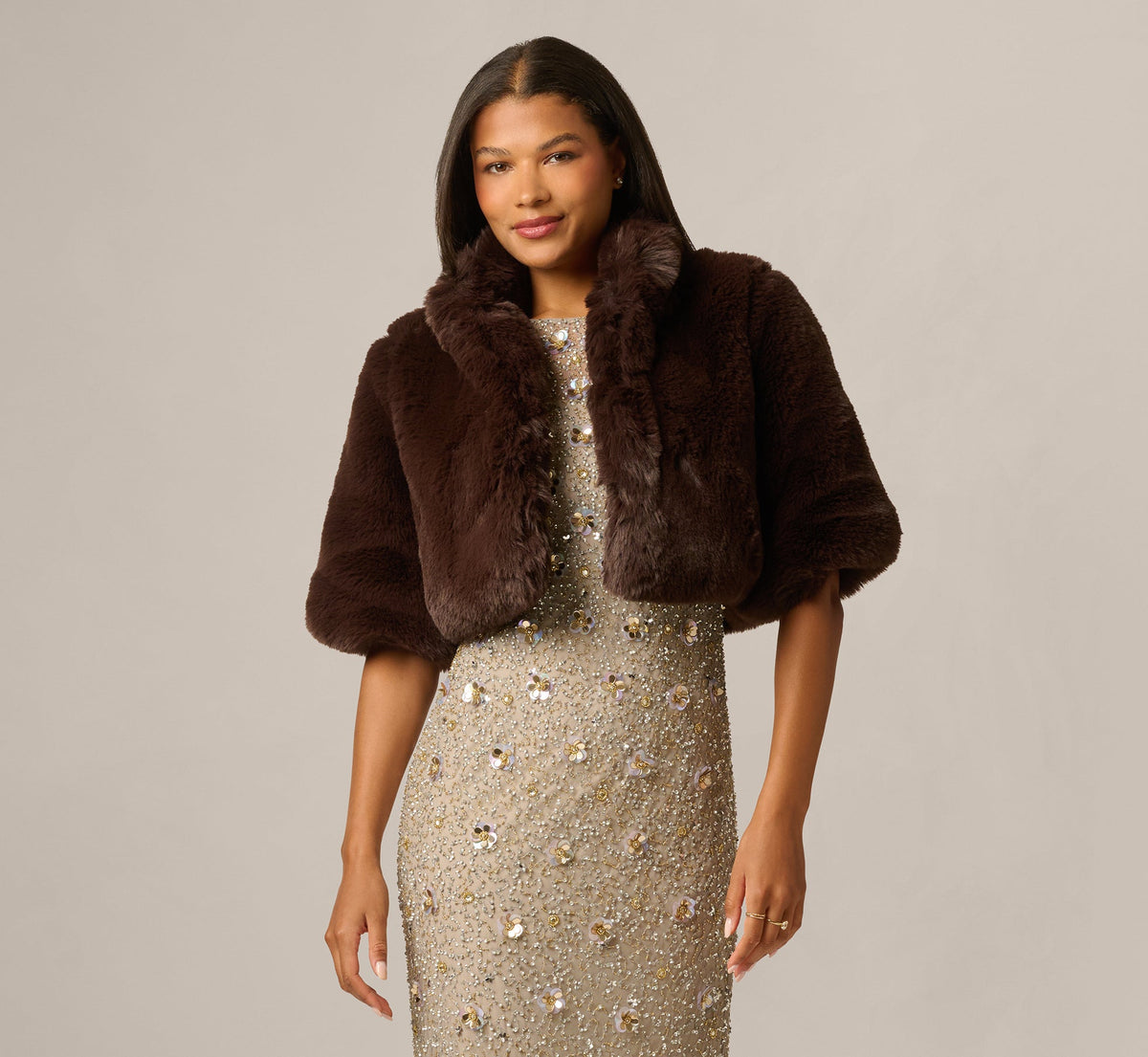 Short Sleeve Faux Fur Coverup Jacket - Dark Brown | Adrianna Papell