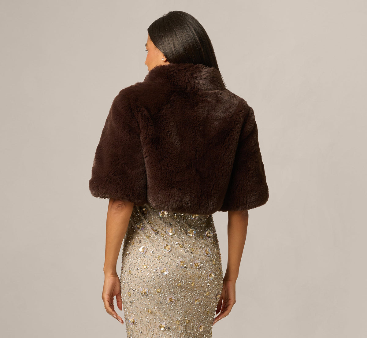 Short Sleeve Faux Fur Coverup Jacket - Dark Brown | Adrianna Papell