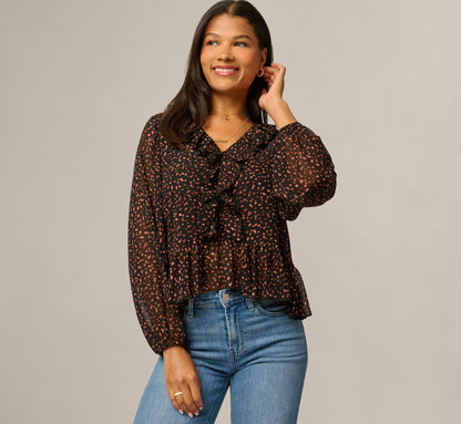 Long Sleeve V Neck Ruffle Top - Black Amber Dot | Adrianna Papell