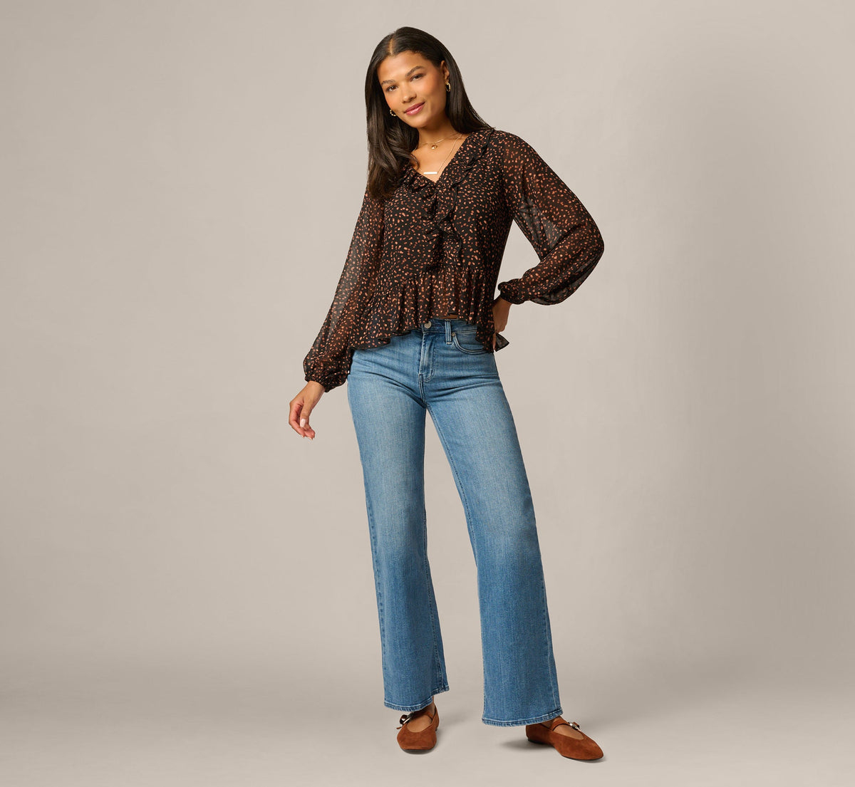 Long Sleeve V Neck Ruffle Top - Black Amber Dot | Adrianna Papell