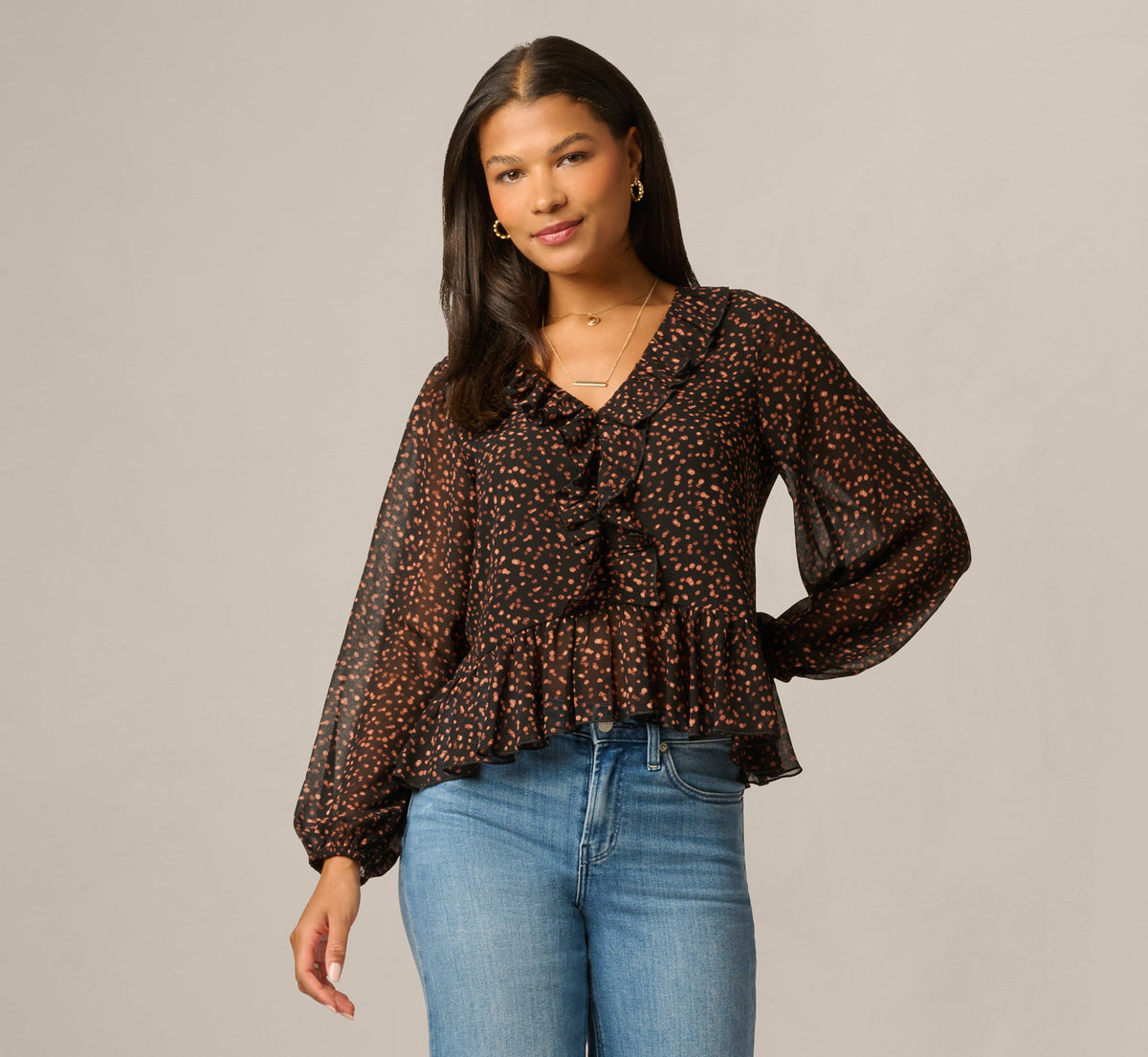 Long Sleeve V Neck Ruffle Top - Black Amber Dot | Adrianna Papell