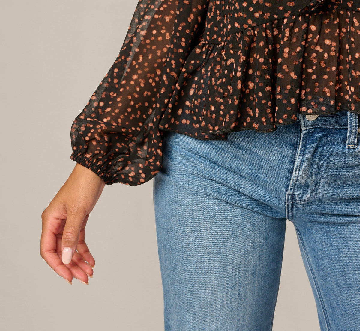 Long Sleeve V Neck Ruffle Top - Black Amber Dot | Adrianna Papell