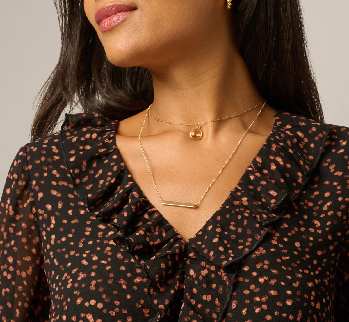 Long Sleeve V Neck Ruffle Top - Black Amber Dot | Adrianna Papell