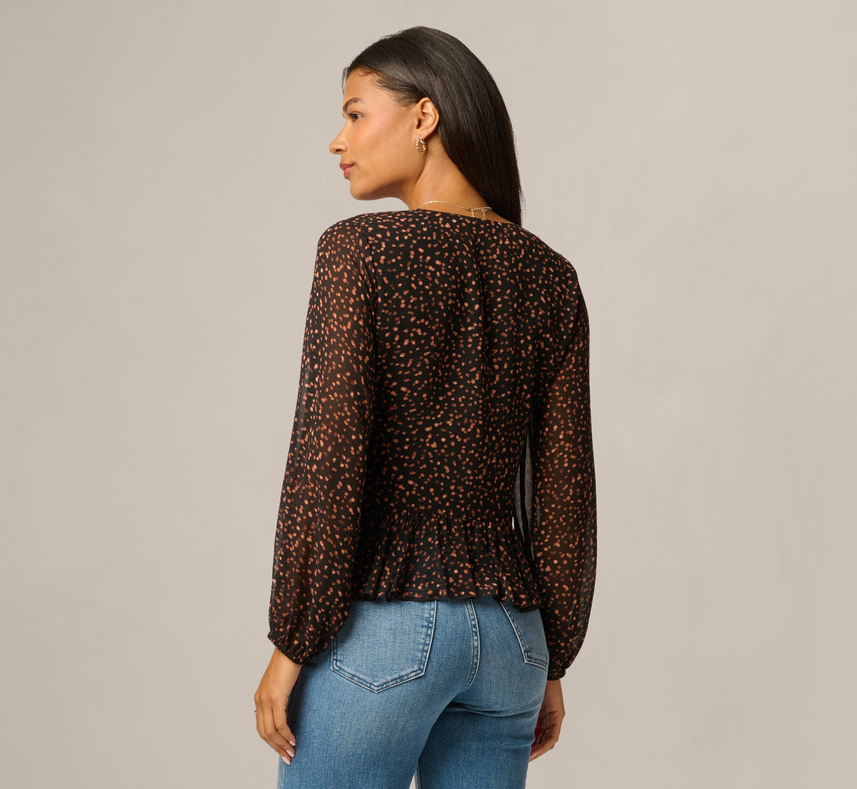 Long Sleeve V Neck Ruffle Top - Black Amber Dot | Adrianna Papell