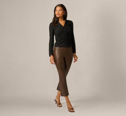 Long Sleeve Textured Semisheer  Ruched Blouse - Black | Adrianna Papell