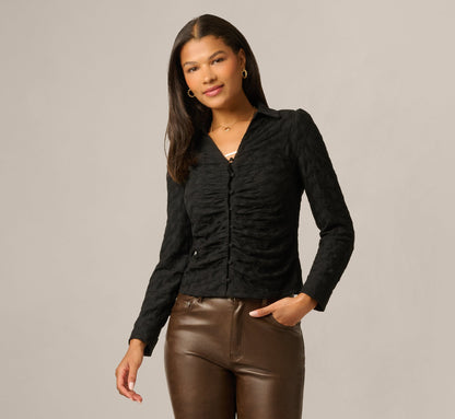 Long Sleeve Textured Semisheer  Ruched Blouse - Black | Adrianna Papell