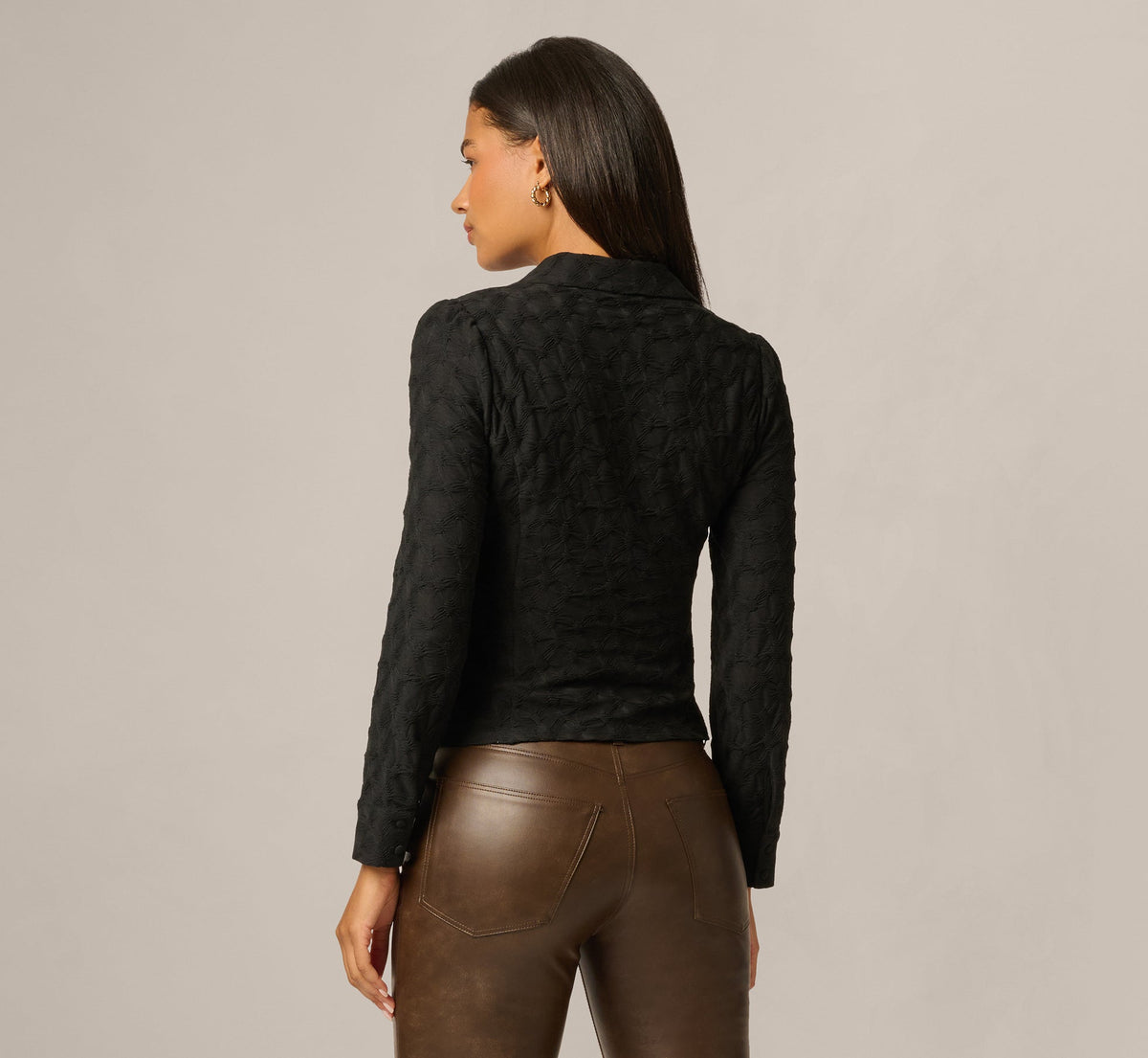 Long Sleeve Textured Semisheer  Ruched Blouse - Black | Adrianna Papell