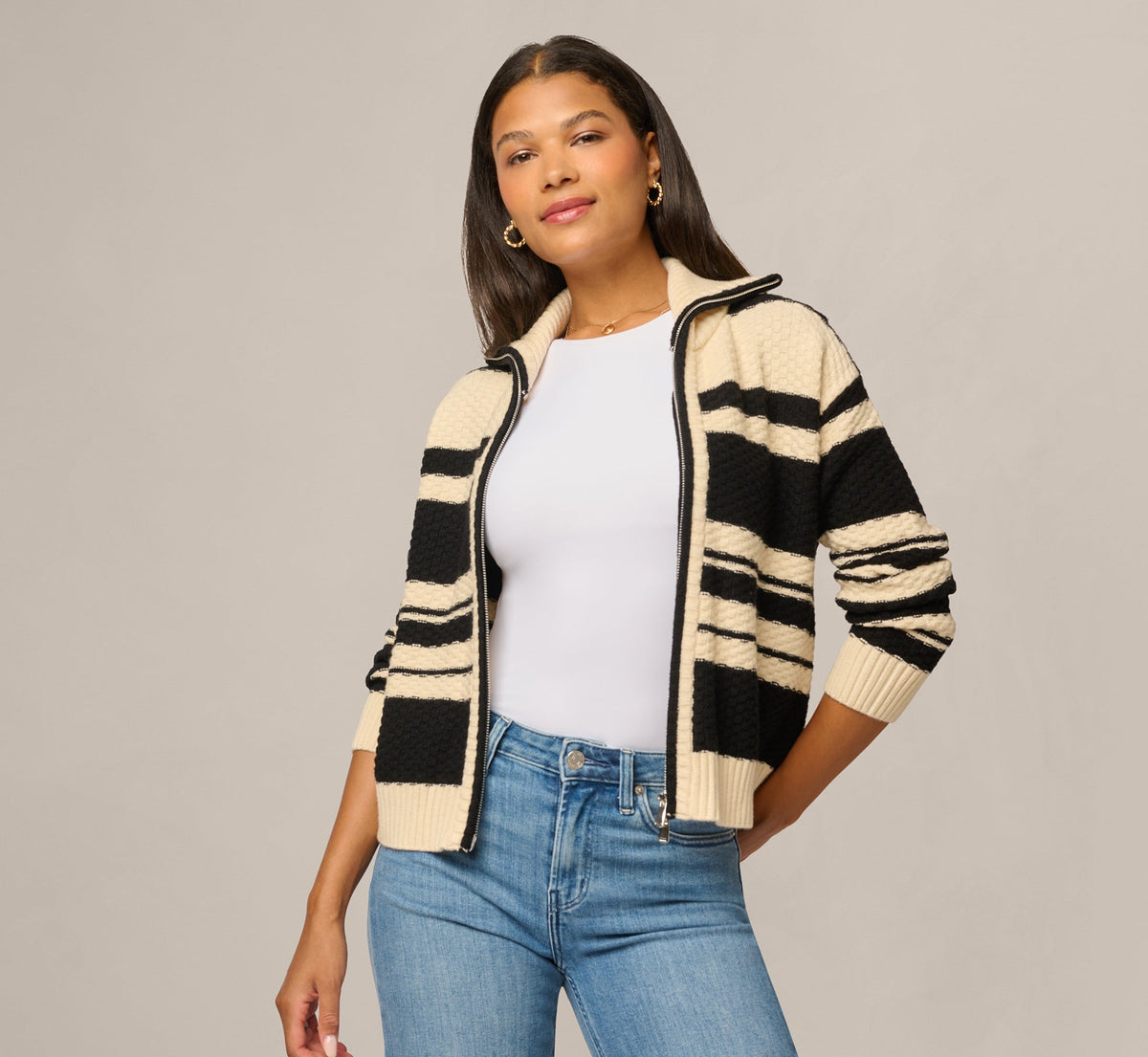 Long Sleeve Zipper Collar Cardigan Sweater - Cream Black | Adrianna Papell