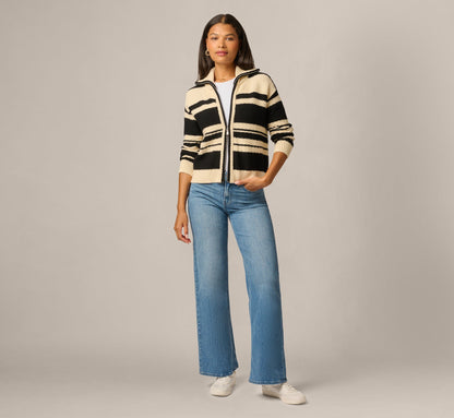 Long Sleeve Zipper Collar Cardigan Sweater - Cream Black | Adrianna Papell