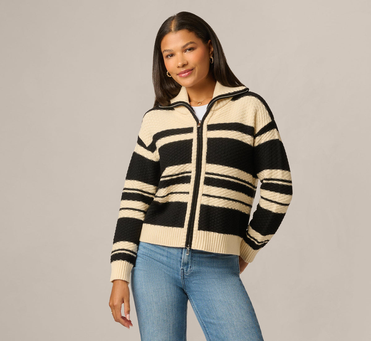 Long Sleeve Zipper Collar Cardigan Sweater - Cream Black | Adrianna Papell