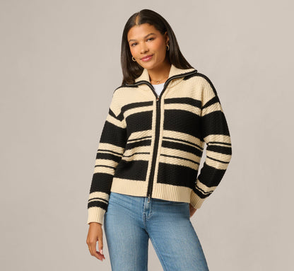 Long Sleeve Zipper Collar Cardigan Sweater - Cream Black | Adrianna Papell