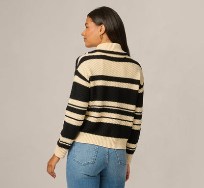 Long Sleeve Zipper Collar Cardigan Sweater - Cream Black | Adrianna Papell